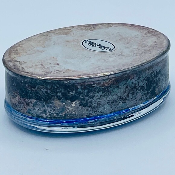 Vintage Oval Shaped Decorative Glass w/ Blue & Silver Accents Silver-Plated Base - Picture 5 of 11